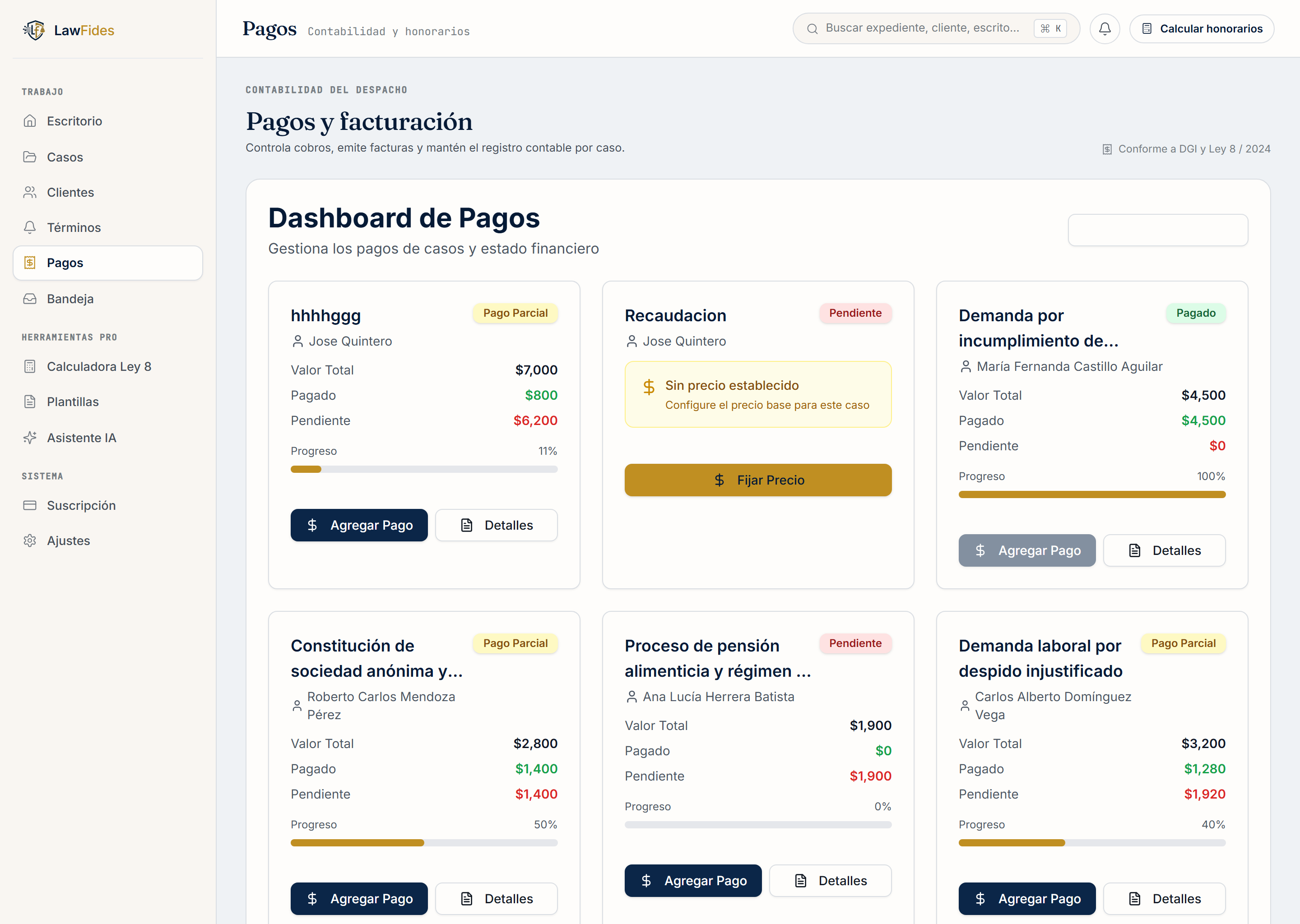 Captura de Gestión de Pagos en LawFides